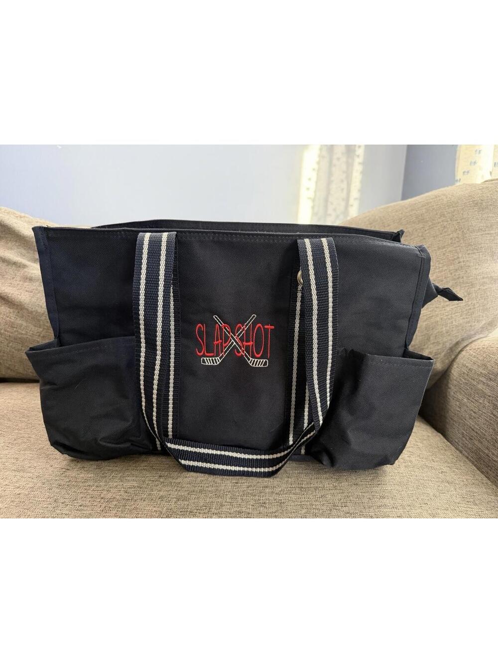 Thirty One Organizing Zip Top Utility Tote Black Slap Shot Embroidered